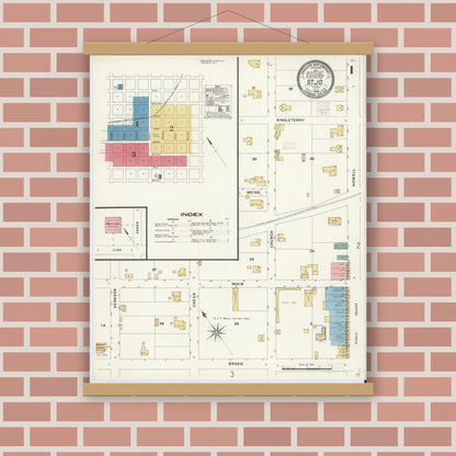 Old map wall art mockup — magnetic wood frame on brick wall — Sanborn Fire Insurance Map from Saint Jo, Montague County, Texas (1908) - Complete Map Set