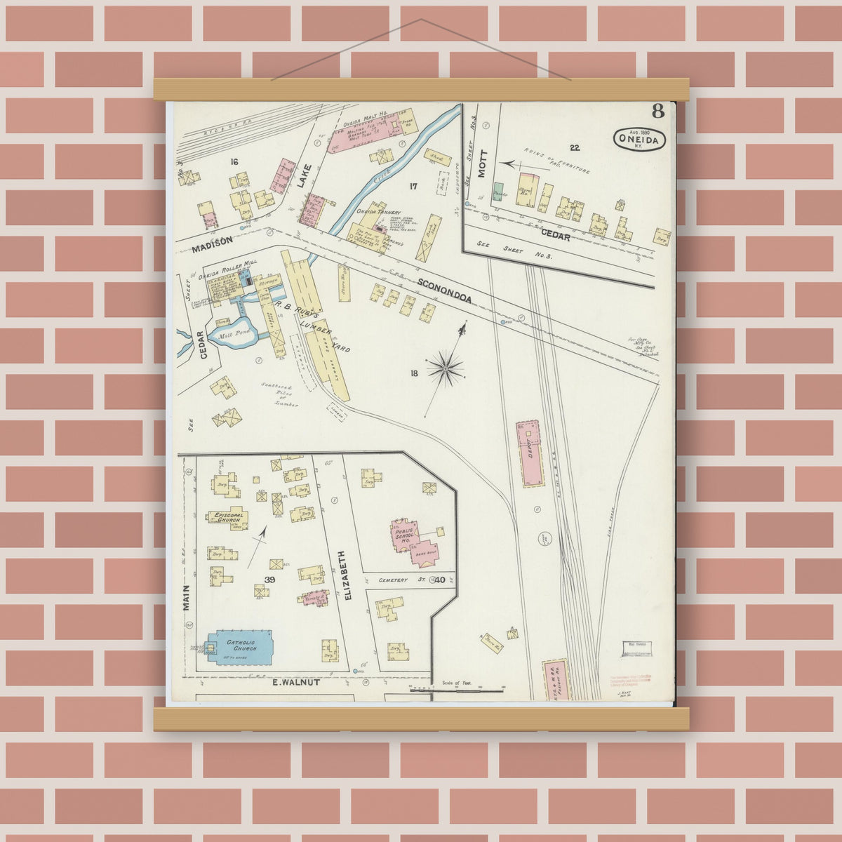 Old map wall art mockup — magnetic wood frame on brick wall — Sanborn Fire Insurance Map from Oneida, Madison County, New York (1890), Sheet #0008