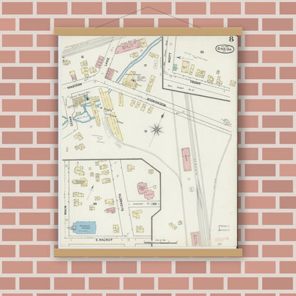 Old map wall art mockup — magnetic wood frame on brick wall — Sanborn Fire Insurance Map from Oneida, Madison County, New York (1890), Sheet #0008