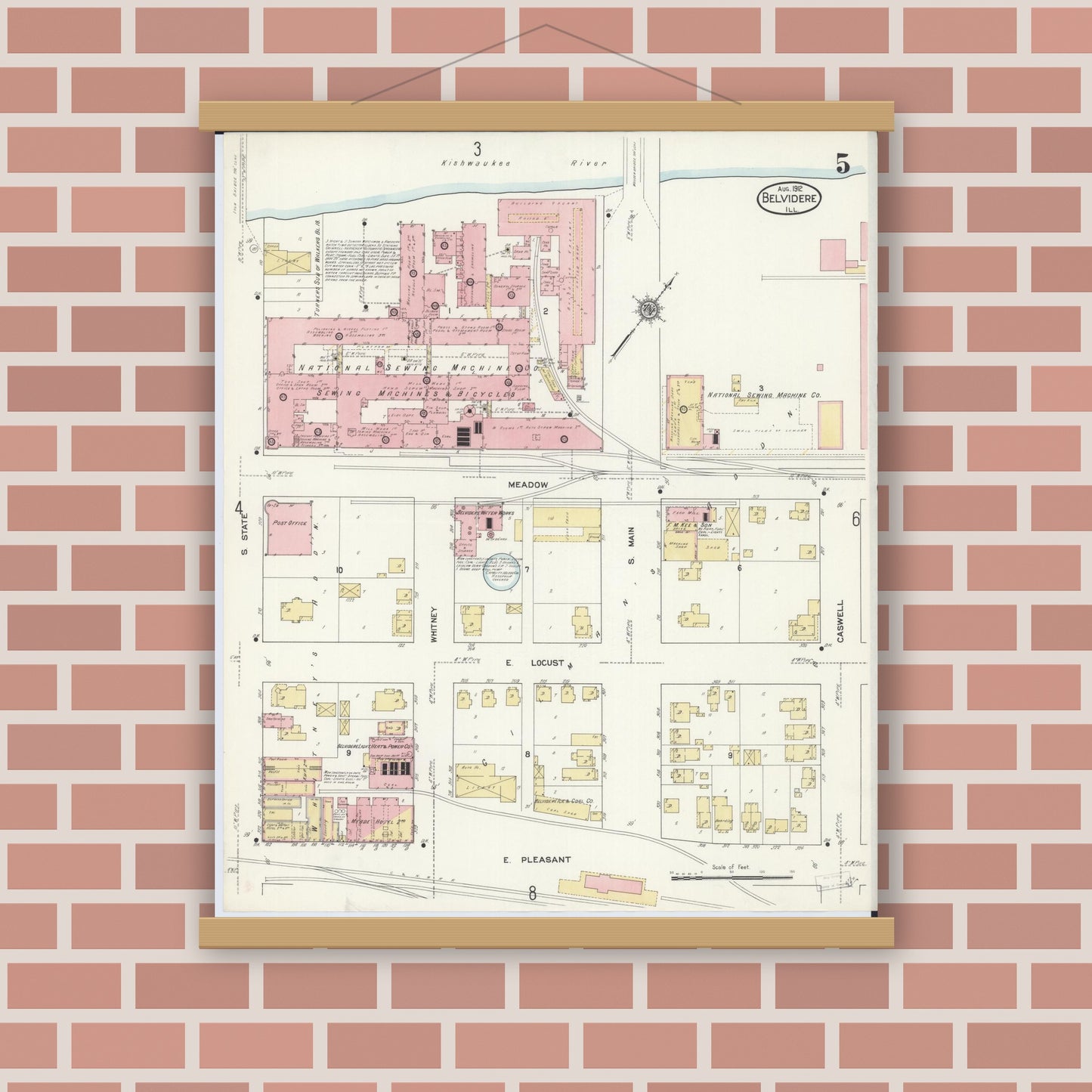 Old map wall art mockup — magnetic wood frame on brick wall — Sanborn Fire Insurance Map from Belvidere, Boone County, Illinois (1912), Sheet #0005