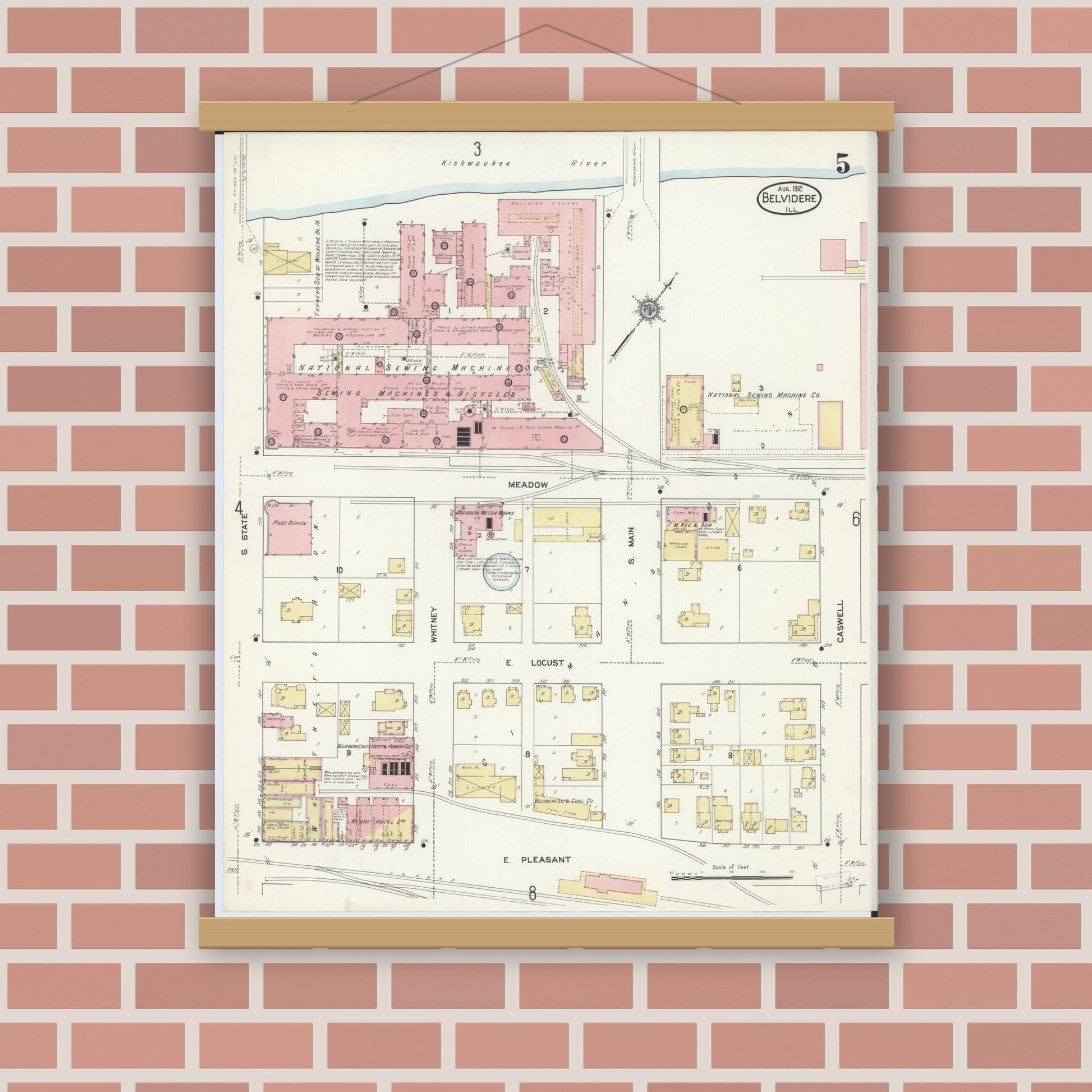 Old map wall art mockup — magnetic wood frame on brick wall — Sanborn Fire Insurance Map from Belvidere, Boone County, Illinois (1912), Sheet #0005