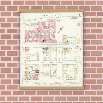 Old map wall art mockup — magnetic wood frame on brick wall — Sanborn Fire Insurance Map from Belvidere, Boone County, Illinois (1912), Sheet #0005