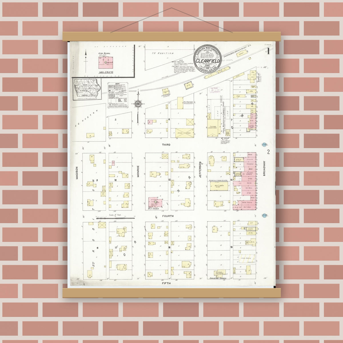 Old map wall art mockup — magnetic wood frame on brick wall — Sanborn Fire Insurance Map from Clearfield, Taylor County, Iowa (1912) â€” Complete Set