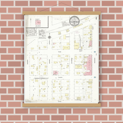 Old map wall art mockup — magnetic wood frame on brick wall — Sanborn Fire Insurance Map from Clearfield, Taylor County, Iowa (1912) â€” Complete Set