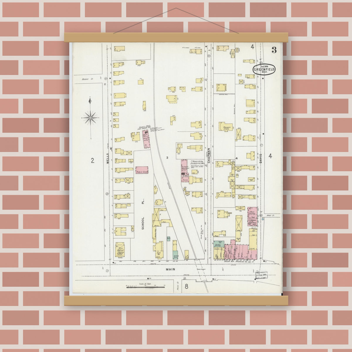 Old map wall art mockup — magnetic wood frame on brick wall — Sanborn Fire Insurance Map from Greenfield, Franklin County, Massachusetts (1896), Sheet #0003