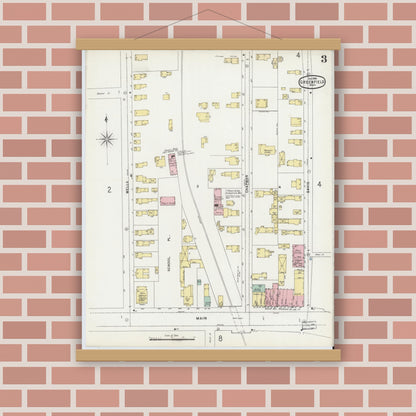 Old map wall art mockup — magnetic wood frame on brick wall — Sanborn Fire Insurance Map from Greenfield, Franklin County, Massachusetts (1896), Sheet #0003