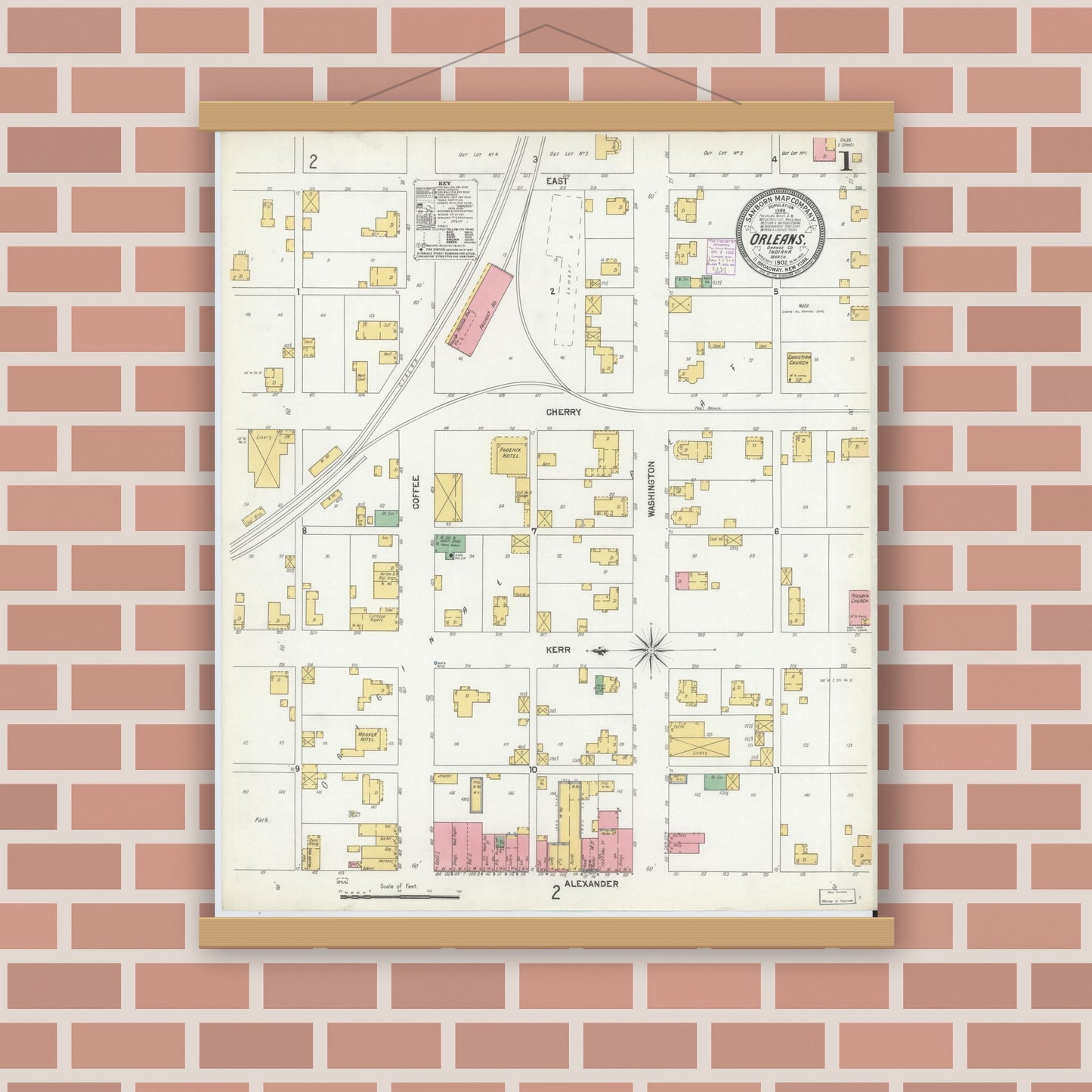 Old map wall art mockup — magnetic wood frame on brick wall — Sanborn Fire Insurance Map from Orleans, Orange County, Indiana (1902) - Complete Map Set