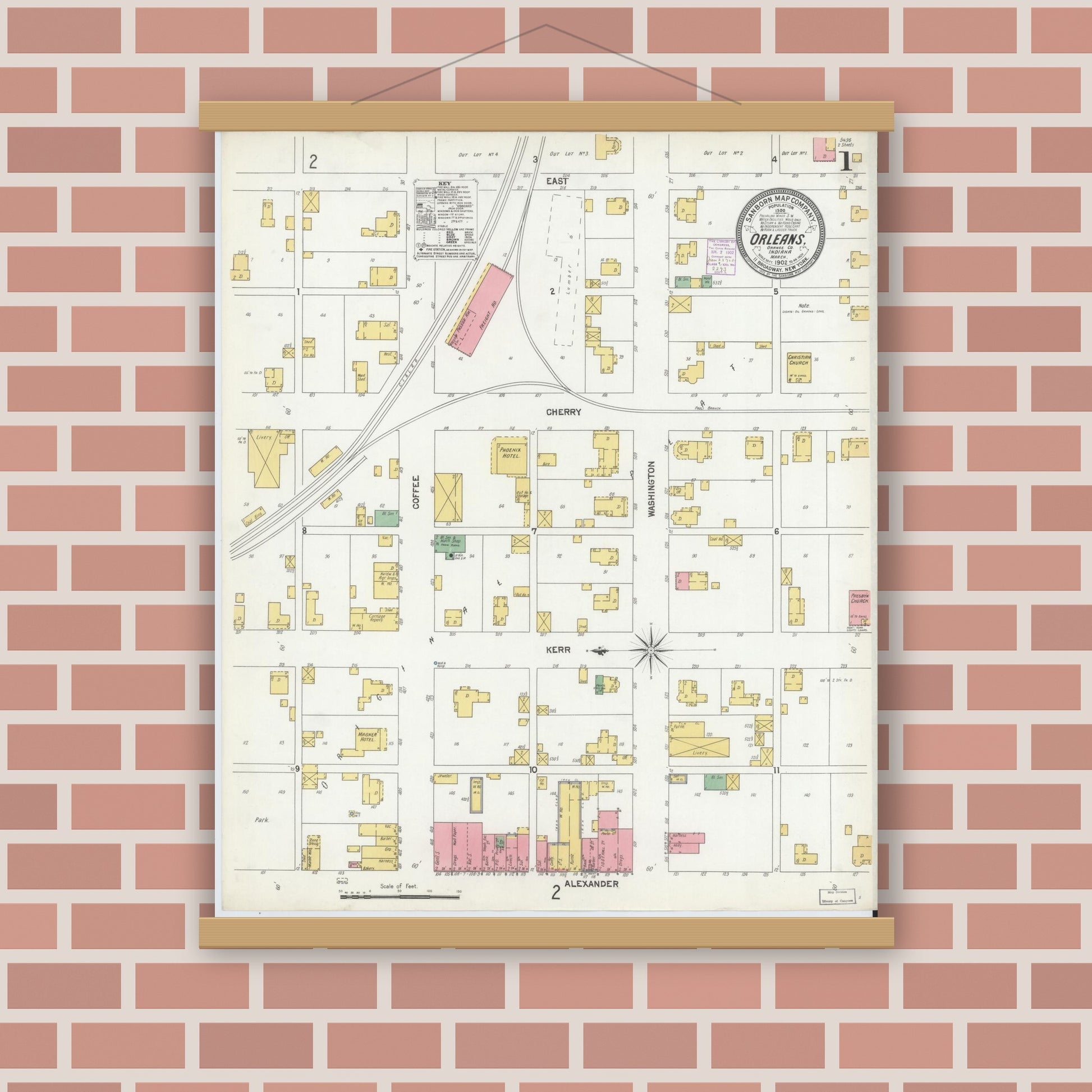 Old map wall art mockup — magnetic wood frame on brick wall — Sanborn Fire Insurance Map from Orleans, Orange County, Indiana (1902) - Complete Map Set