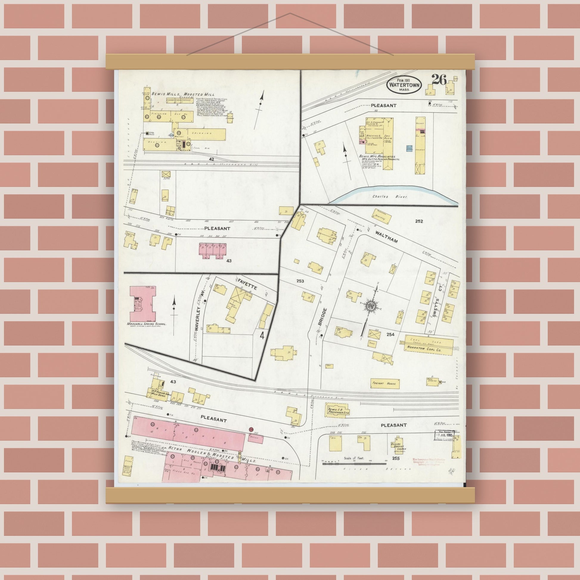 Old map wall art mockup — magnetic wood frame on brick wall — Sanborn Fire Insurance Map from Watertown, Middlesex County, Massachusetts (1911), Sheet #0026