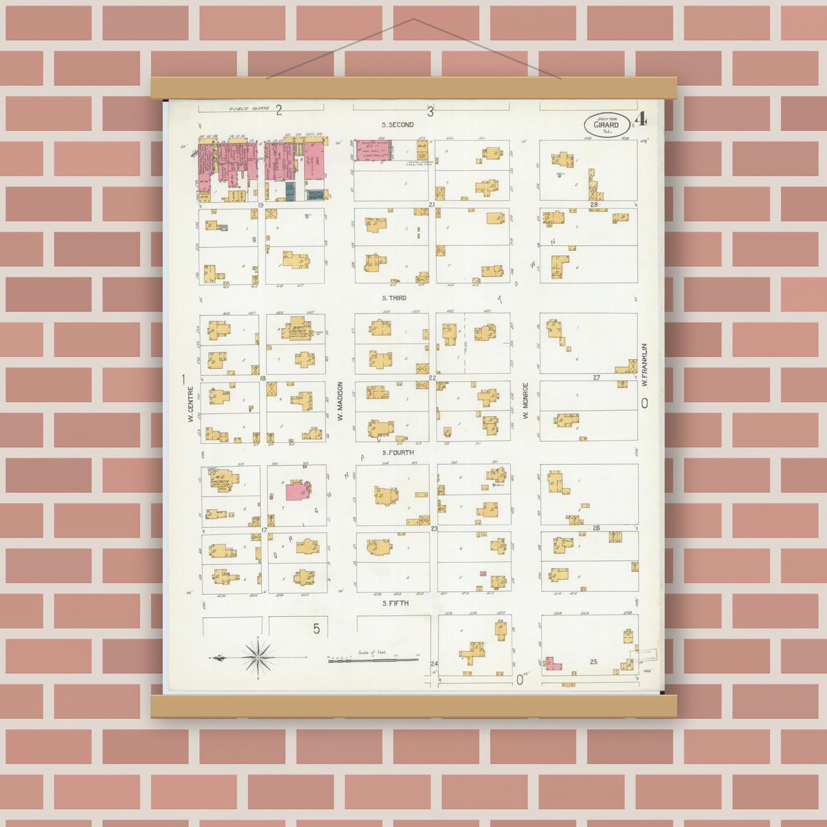 Old map wall art mockup — magnetic wood frame on brick wall — Sanborn Fire Insurance Map from Girard, Macoupin County, Illinois (1906), Sheet #0004