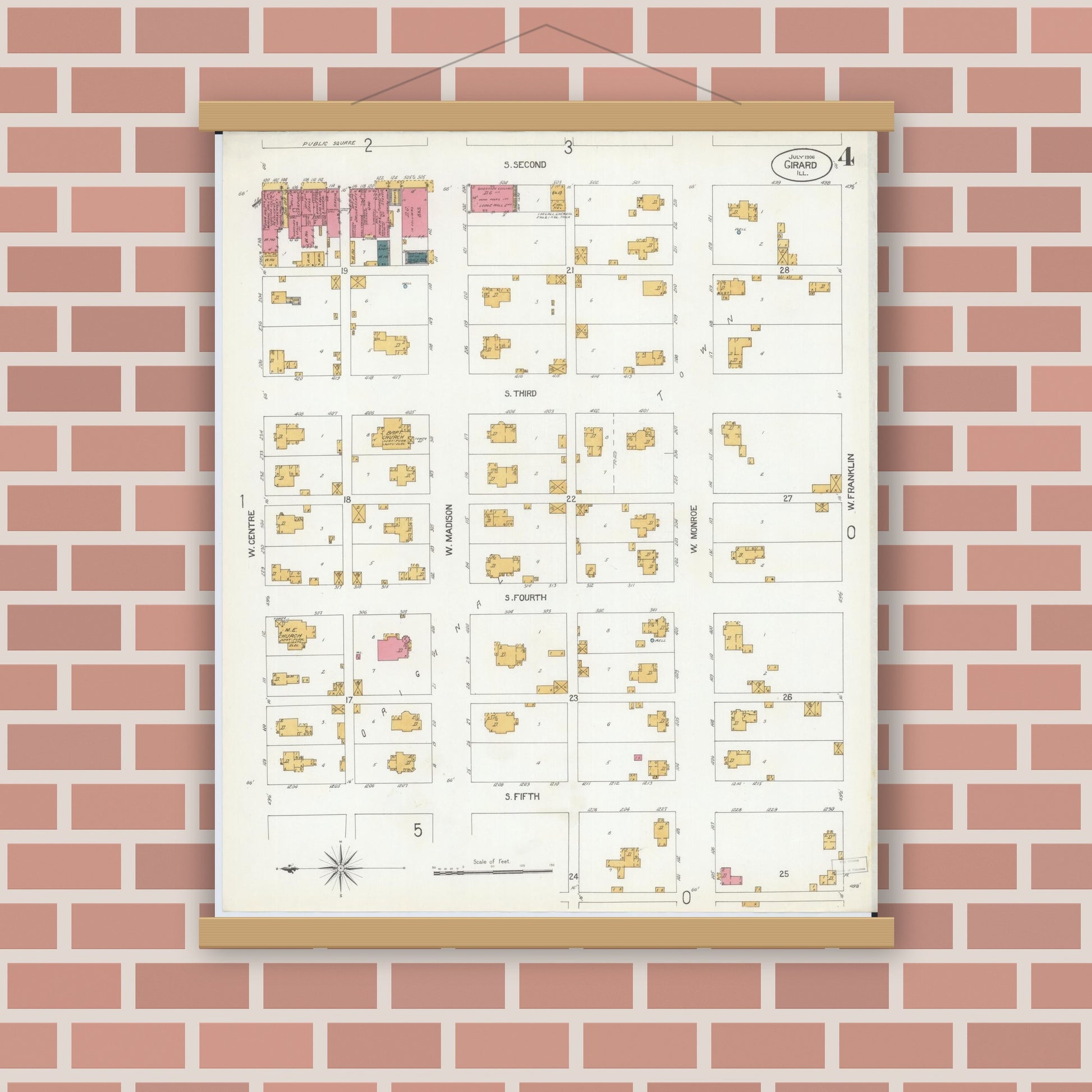 Old map wall art mockup — magnetic wood frame on brick wall — Sanborn Fire Insurance Map from Girard, Macoupin County, Illinois (1906), Sheet #0004