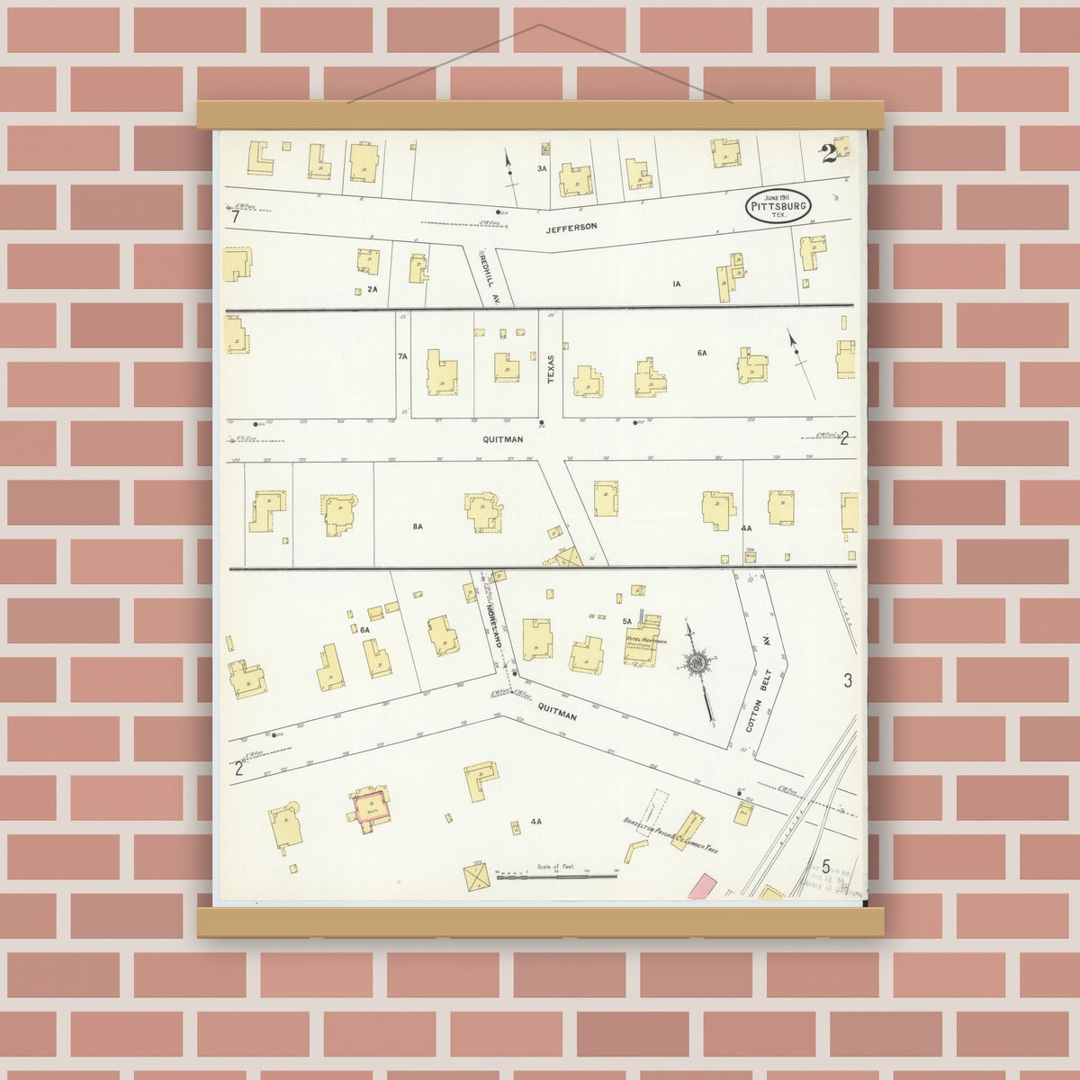 Old map wall art mockup — magnetic wood frame on brick wall — Sanborn Fire Insurance Map from Pittsburg, Camp County, Texas (1911), Sheet #0002