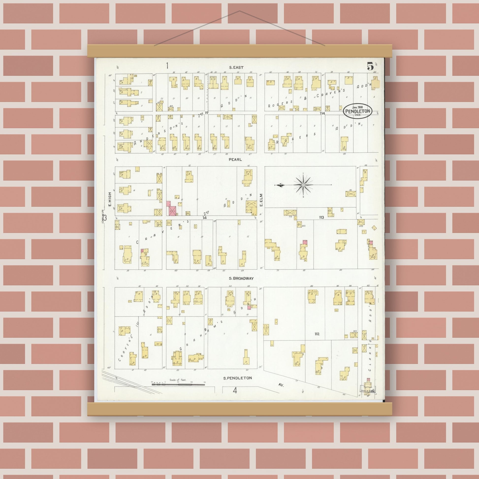 Old map wall art mockup — magnetic wood frame on brick wall — Sanborn Fire Insurance Map from Pendleton, Madison County, Indiana (1908), Sheet #0005