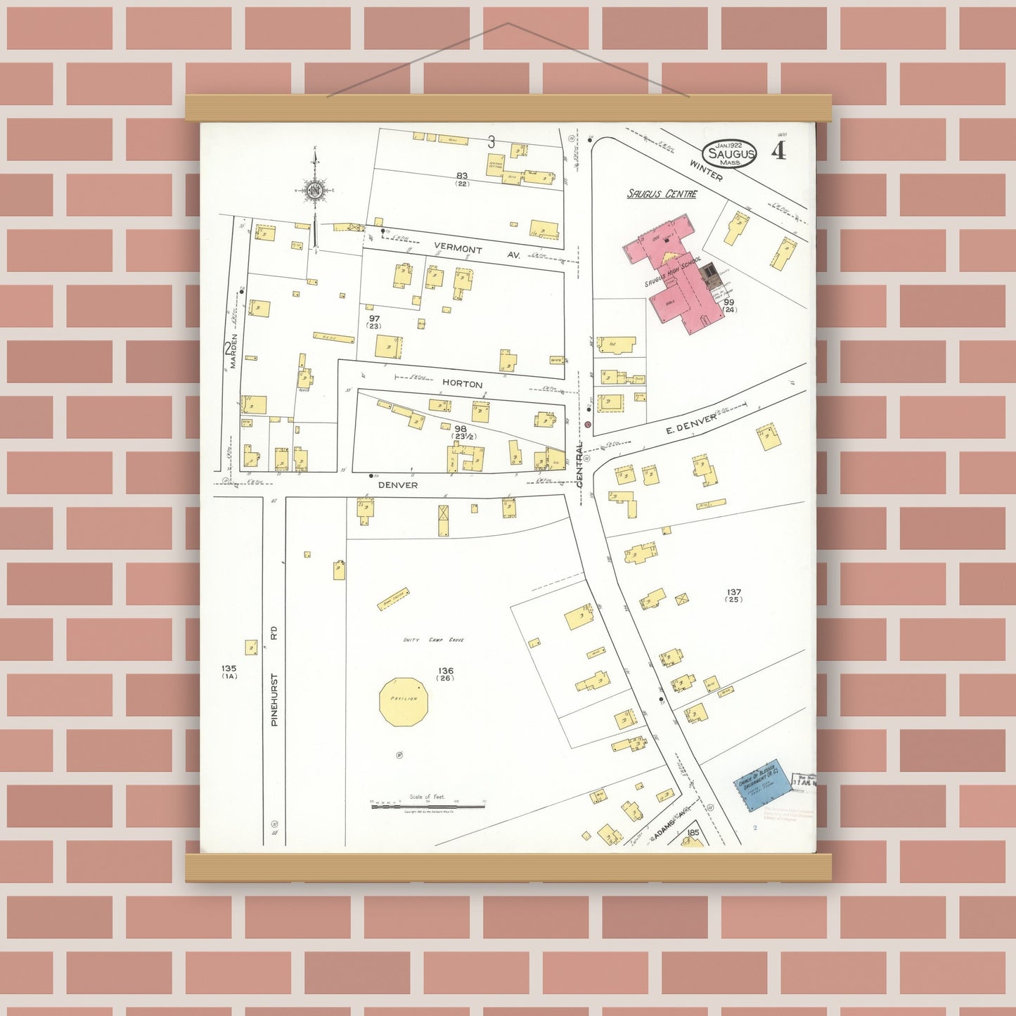 Old map wall art mockup — magnetic wood frame on brick wall — Sanborn Fire Insurance Map from Saugus, Essex County, Massachusetts (1922), Sheet #0004