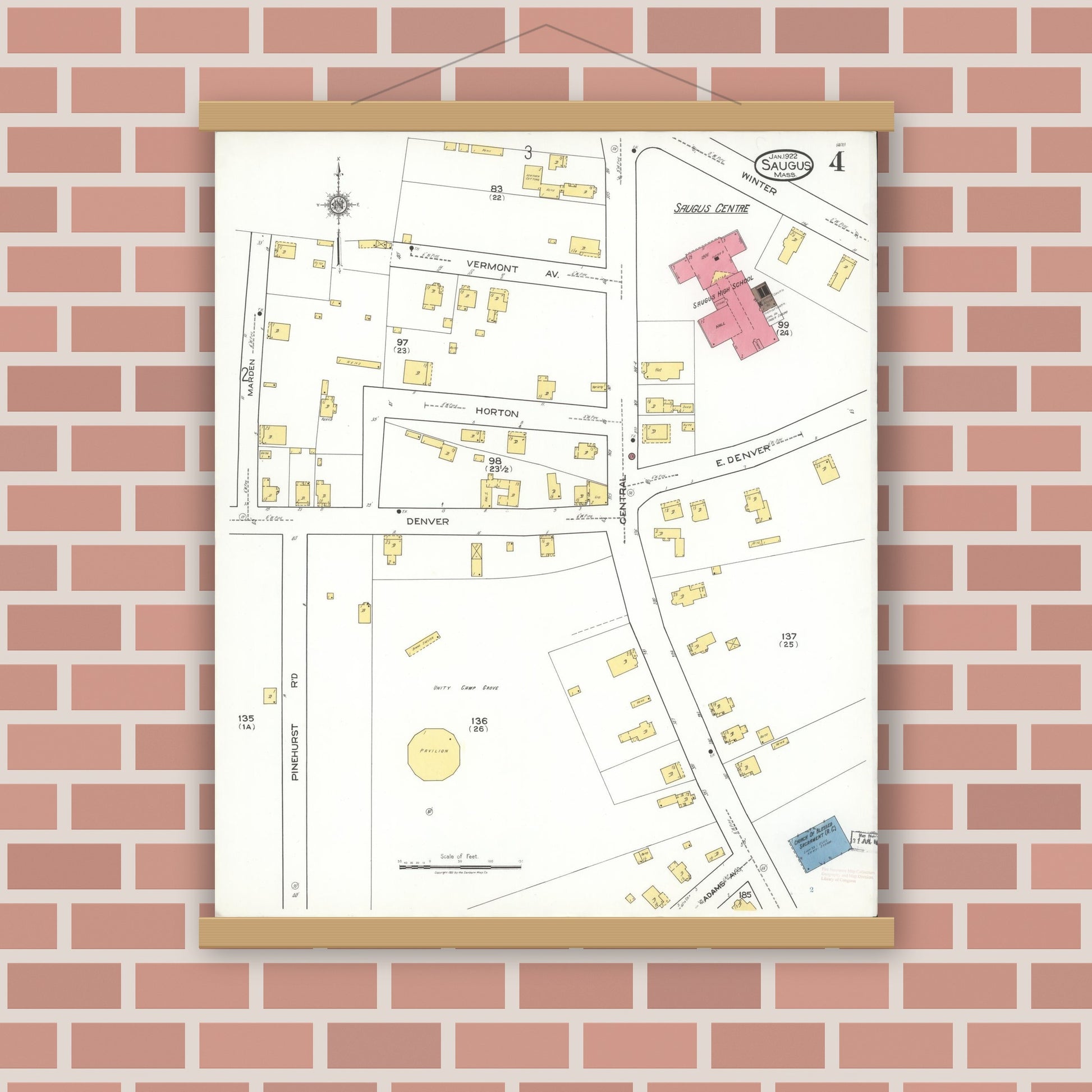 Old map wall art mockup — magnetic wood frame on brick wall — Sanborn Fire Insurance Map from Saugus, Essex County, Massachusetts (1922), Sheet #0004