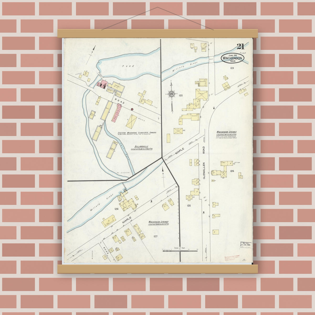 Old map wall art mockup — magnetic wood frame on brick wall — Sanborn Fire Insurance Map from Winchendon, Worcester County, Massachusetts (1914), Sheet #0021