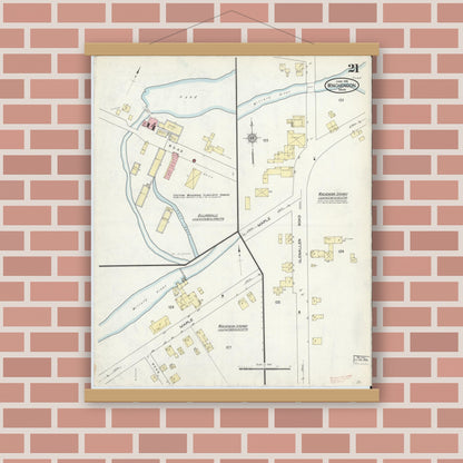 Old map wall art mockup — magnetic wood frame on brick wall — Sanborn Fire Insurance Map from Winchendon, Worcester County, Massachusetts (1914), Sheet #0021