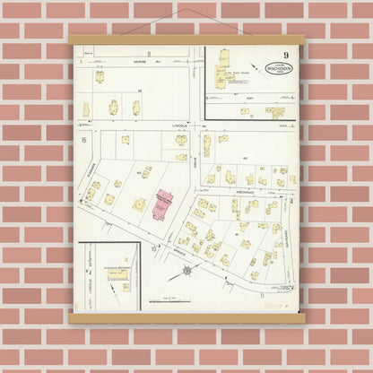 Old map wall art mockup — magnetic wood frame on brick wall — Sanborn Fire Insurance Map from Winchendon, Worcester County, Massachusetts (1914), Sheet #0009