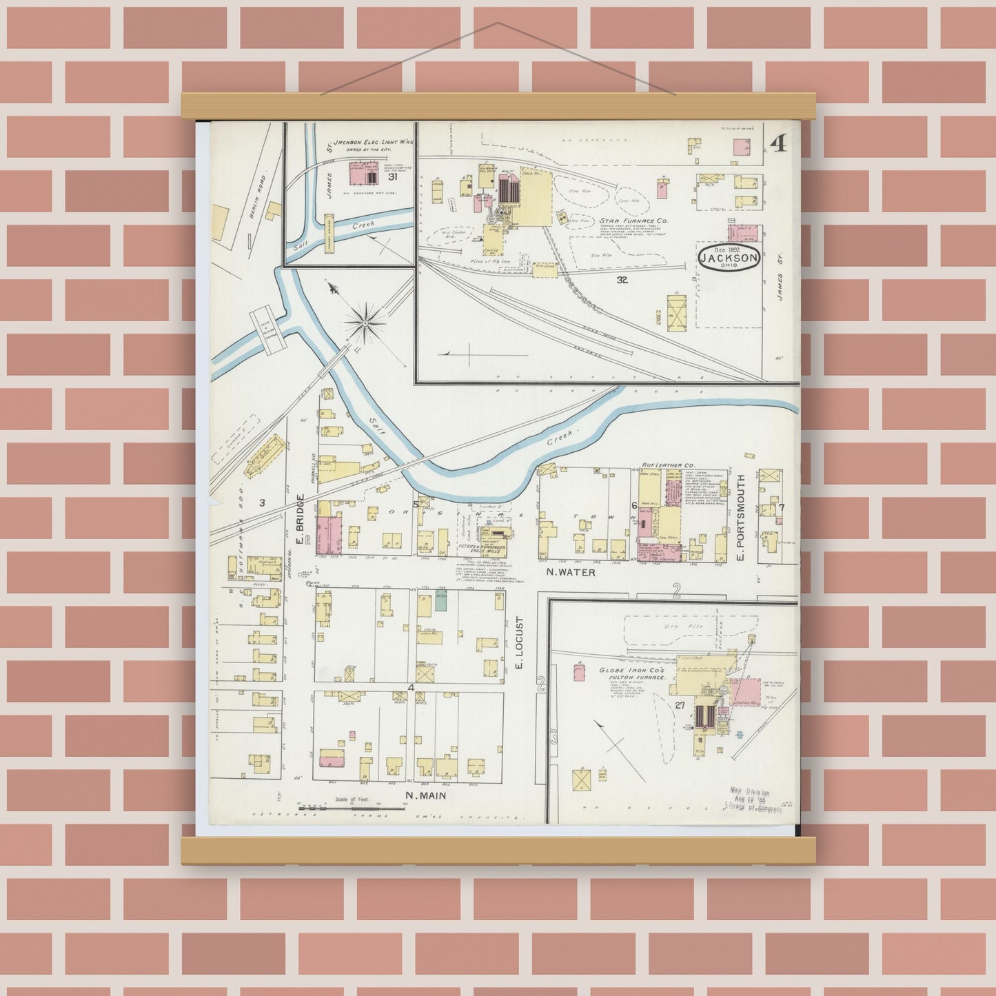 Old map wall art mockup — magnetic wood frame on brick wall — Sanborn Fire Insurance Map from Jackson, Jackson County, Ohio (1892), Sheet #0004