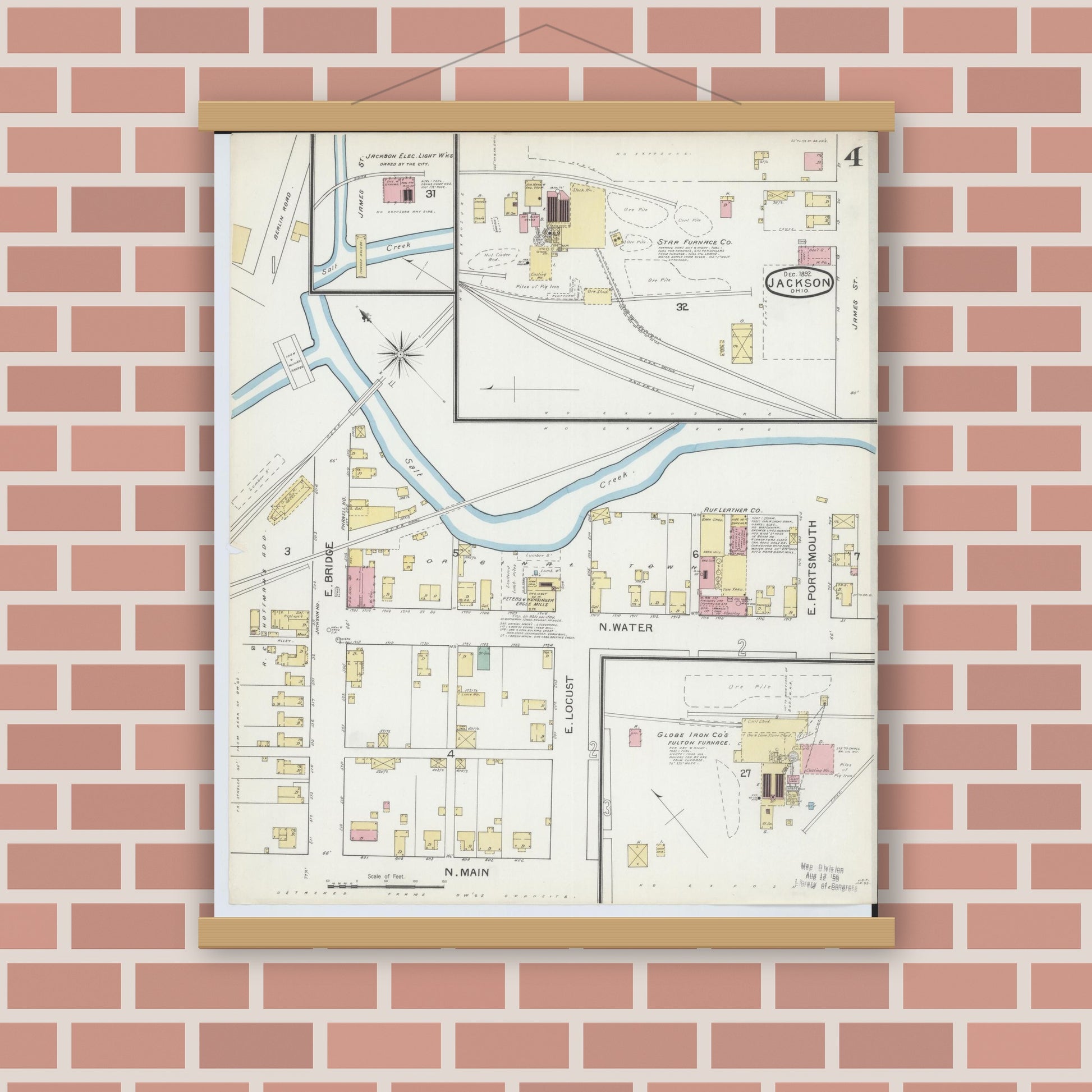 Old map wall art mockup — magnetic wood frame on brick wall — Sanborn Fire Insurance Map from Jackson, Jackson County, Ohio (1892), Sheet #0004