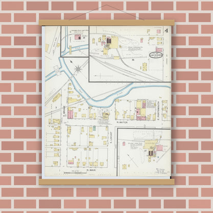 Old map wall art mockup — magnetic wood frame on brick wall — Sanborn Fire Insurance Map from Jackson, Jackson County, Ohio (1892), Sheet #0004