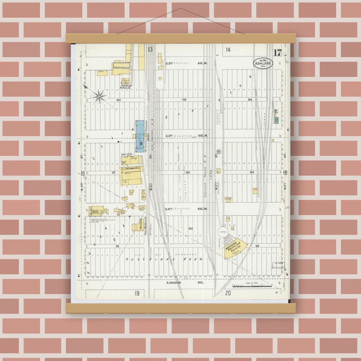 Old map wall art mockup — magnetic wood frame on brick wall — Sanborn Fire Insurance Map from Ashland, Ashland County, Wisconsin (1901), Sheet #0017
