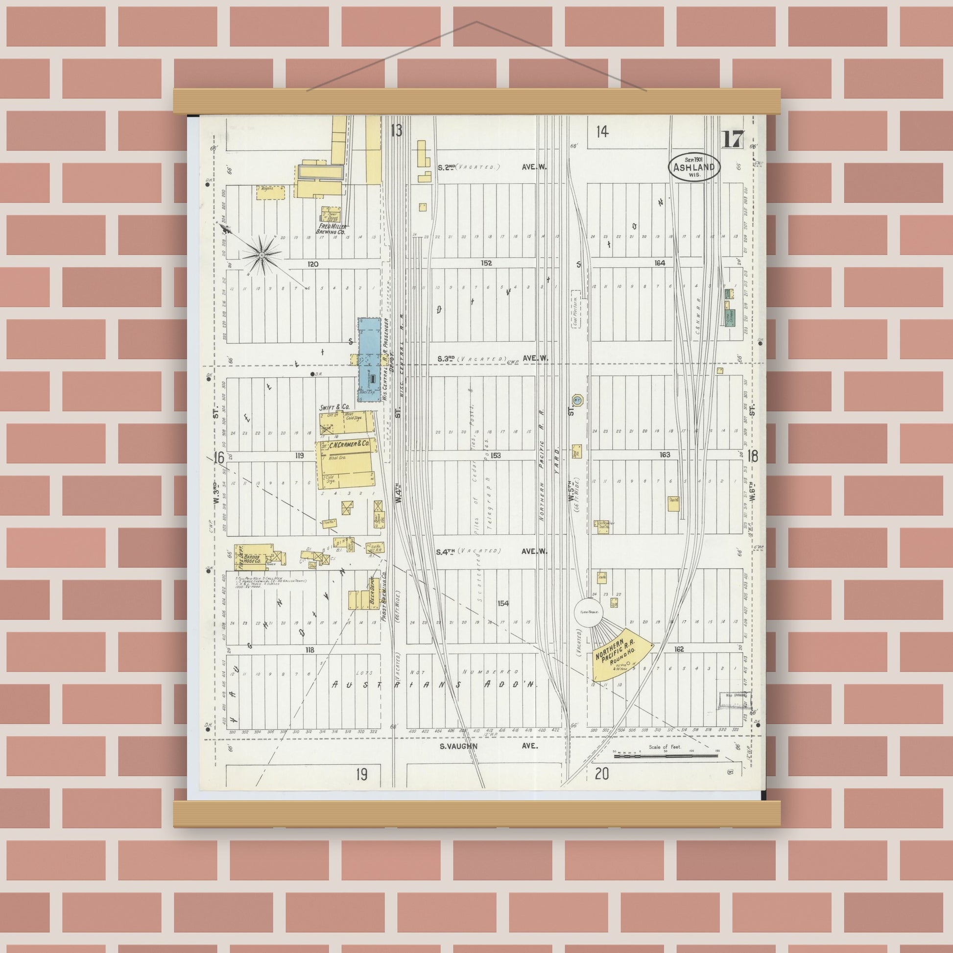 Old map wall art mockup — magnetic wood frame on brick wall — Sanborn Fire Insurance Map from Ashland, Ashland County, Wisconsin (1901), Sheet #0017