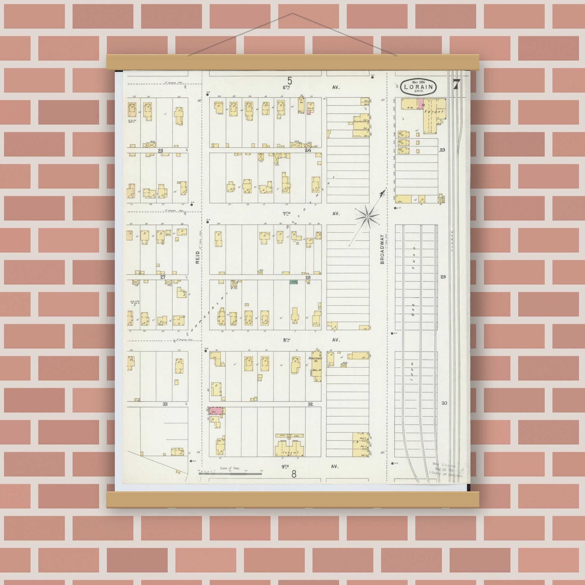 Old map wall art mockup — magnetic wood frame on brick wall — Sanborn Fire Insurance Map from Lorain, Lorain County, Ohio (1896), Sheet #0007