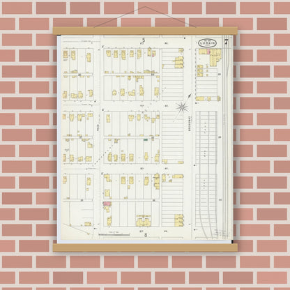 Old map wall art mockup — magnetic wood frame on brick wall — Sanborn Fire Insurance Map from Lorain, Lorain County, Ohio (1896), Sheet #0007