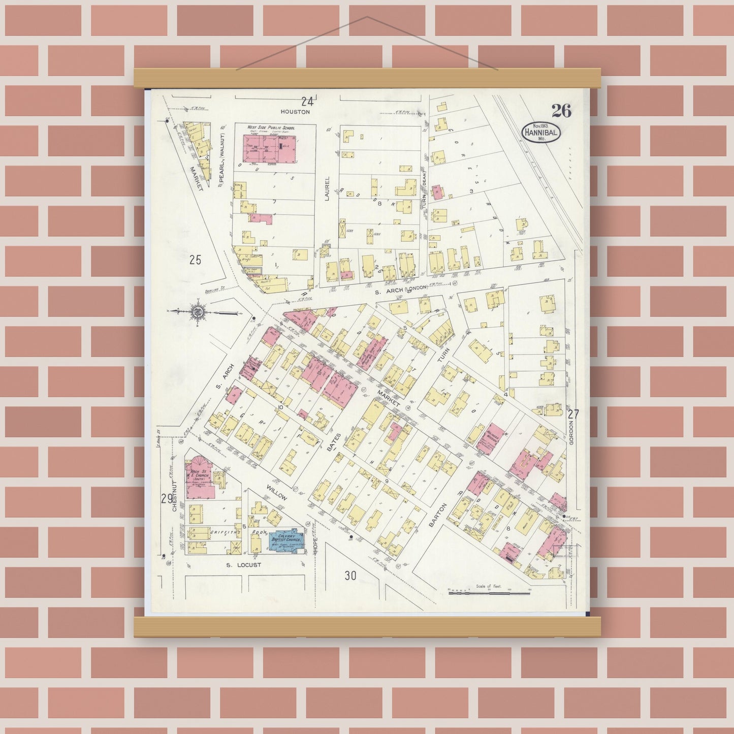 Old map wall art mockup — magnetic wood frame on brick wall — Sanborn Fire Insurance Map from Hannibal, Marion County, Missouri (1913), Sheet #0026