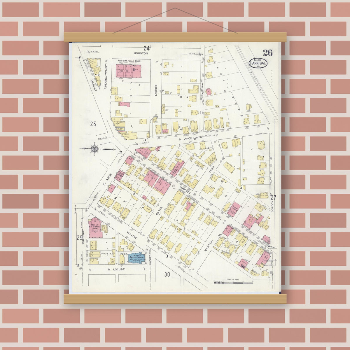 Old map wall art mockup — magnetic wood frame on brick wall — Sanborn Fire Insurance Map from Hannibal, Marion County, Missouri (1913), Sheet #0026