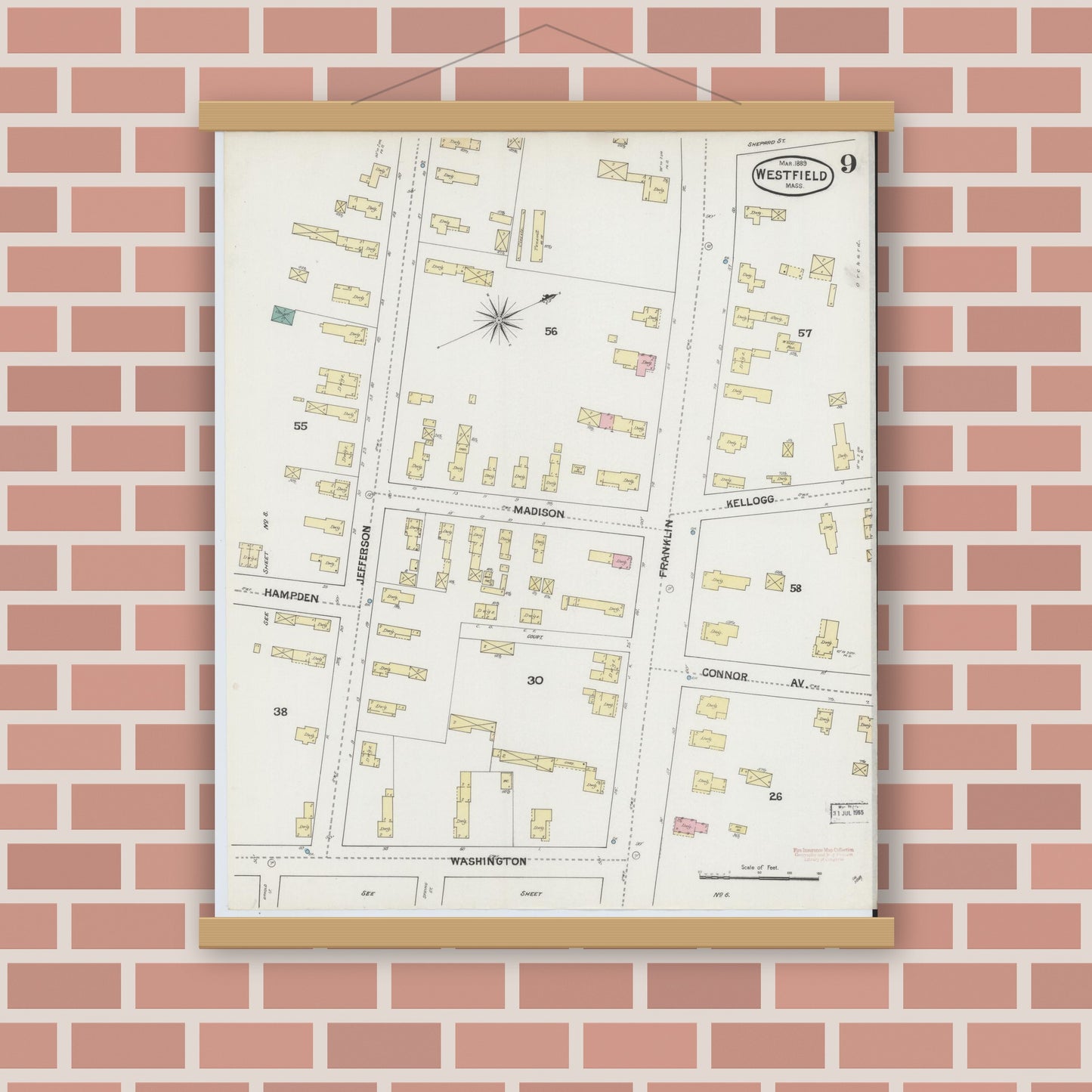 Old map wall art mockup — magnetic wood frame on brick wall — Sanborn Fire Insurance Map from Westfield, Hampden County, Massachusetts (1889), Sheet #0009