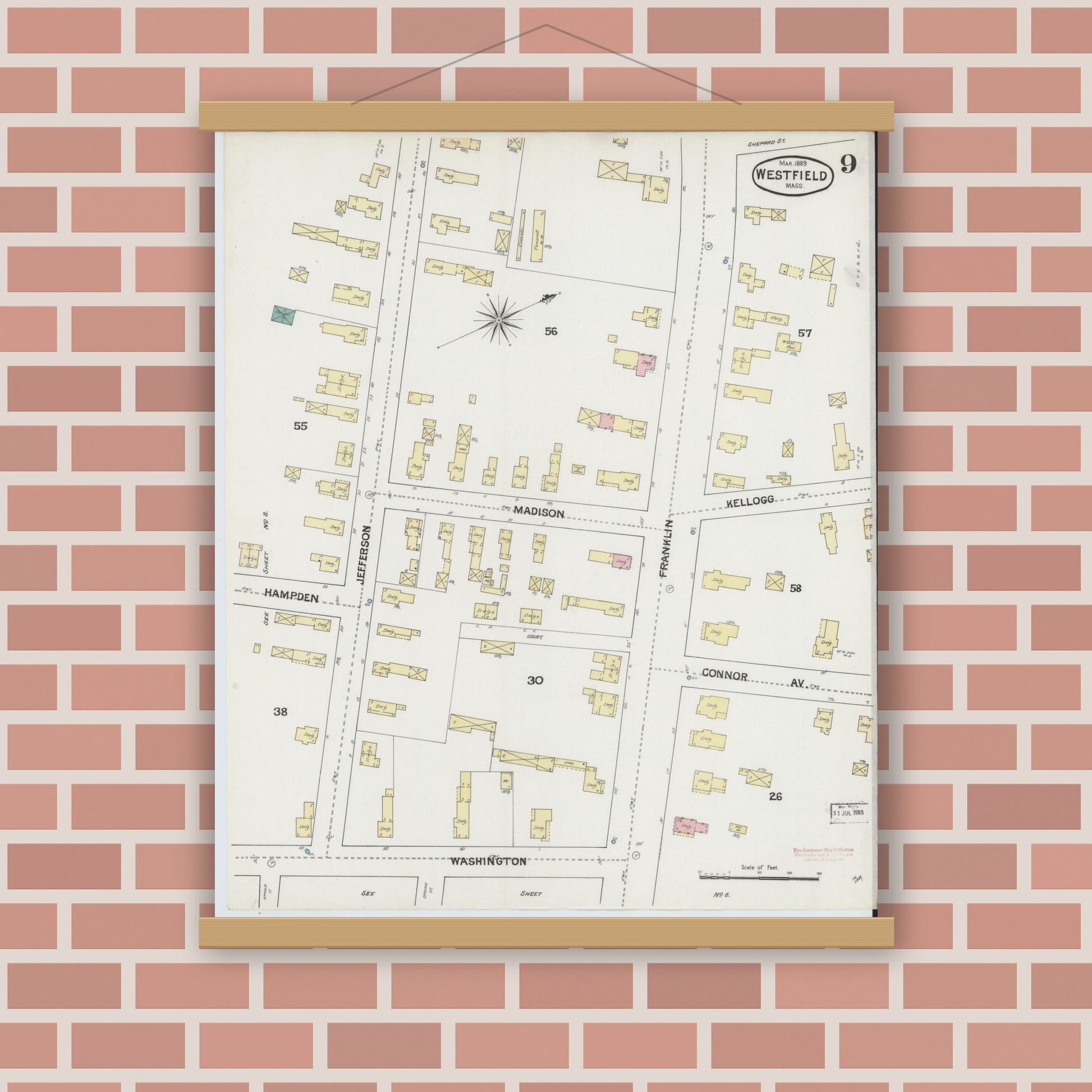 Old map wall art mockup — magnetic wood frame on brick wall — Sanborn Fire Insurance Map from Westfield, Hampden County, Massachusetts (1889), Sheet #0009