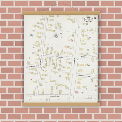 Old map wall art mockup — magnetic wood frame on brick wall — Sanborn Fire Insurance Map from Westfield, Hampden County, Massachusetts (1889), Sheet #0009