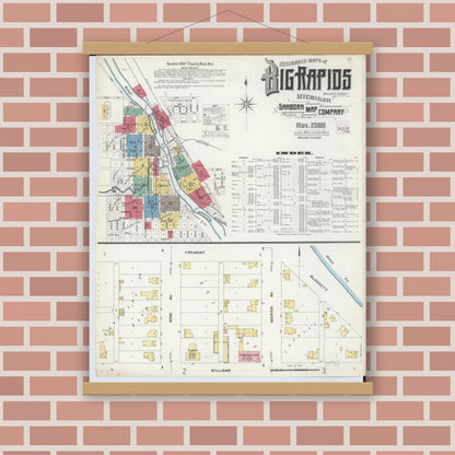 Old map wall art mockup — magnetic wood frame on brick wall — Sanborn Fire Insurance Map from Big Rapids, Mecosta County, Michigan (1908) - Complete Map Set
