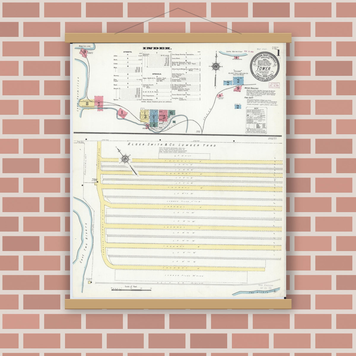 Old map wall art mockup — magnetic wood frame on brick wall — Sanborn Fire Insurance Map from Tower, Saint Louis County, Minnesota (1909), Sheet #0001