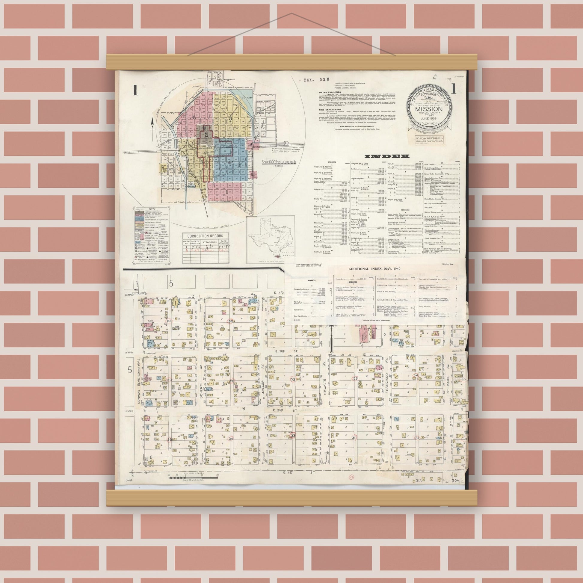 Old map wall art mockup — magnetic wood frame on brick wall — Sanborn Fire Insurance Map from Mission, Hidalgo County, Texas (1949), Sheet #0001