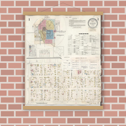 Old map wall art mockup — magnetic wood frame on brick wall — Sanborn Fire Insurance Map from Mission, Hidalgo County, Texas (1949), Sheet #0001