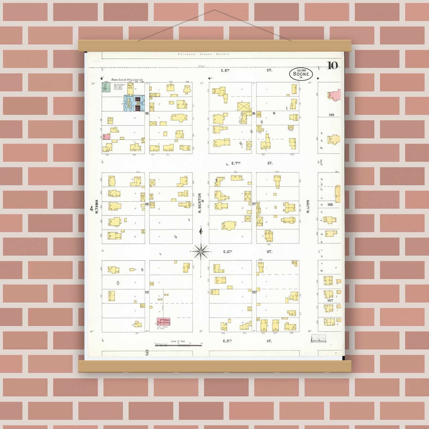 Old map wall art mockup — magnetic wood frame on brick wall — Sanborn Fire Insurance Map from Boone, Boone County, Iowa (1900), Sheet #0010