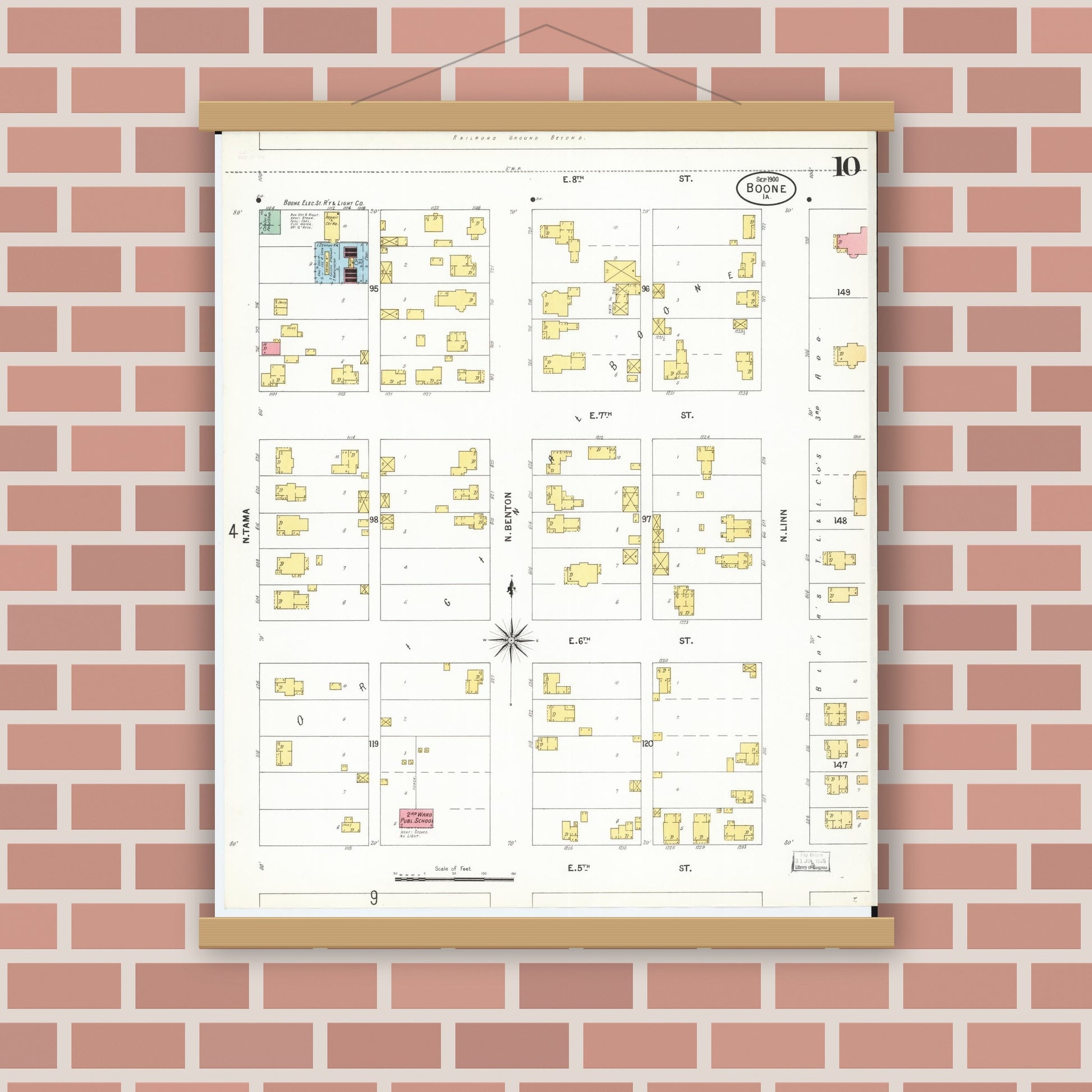 Old map wall art mockup — magnetic wood frame on brick wall — Sanborn Fire Insurance Map from Boone, Boone County, Iowa (1900), Sheet #0010