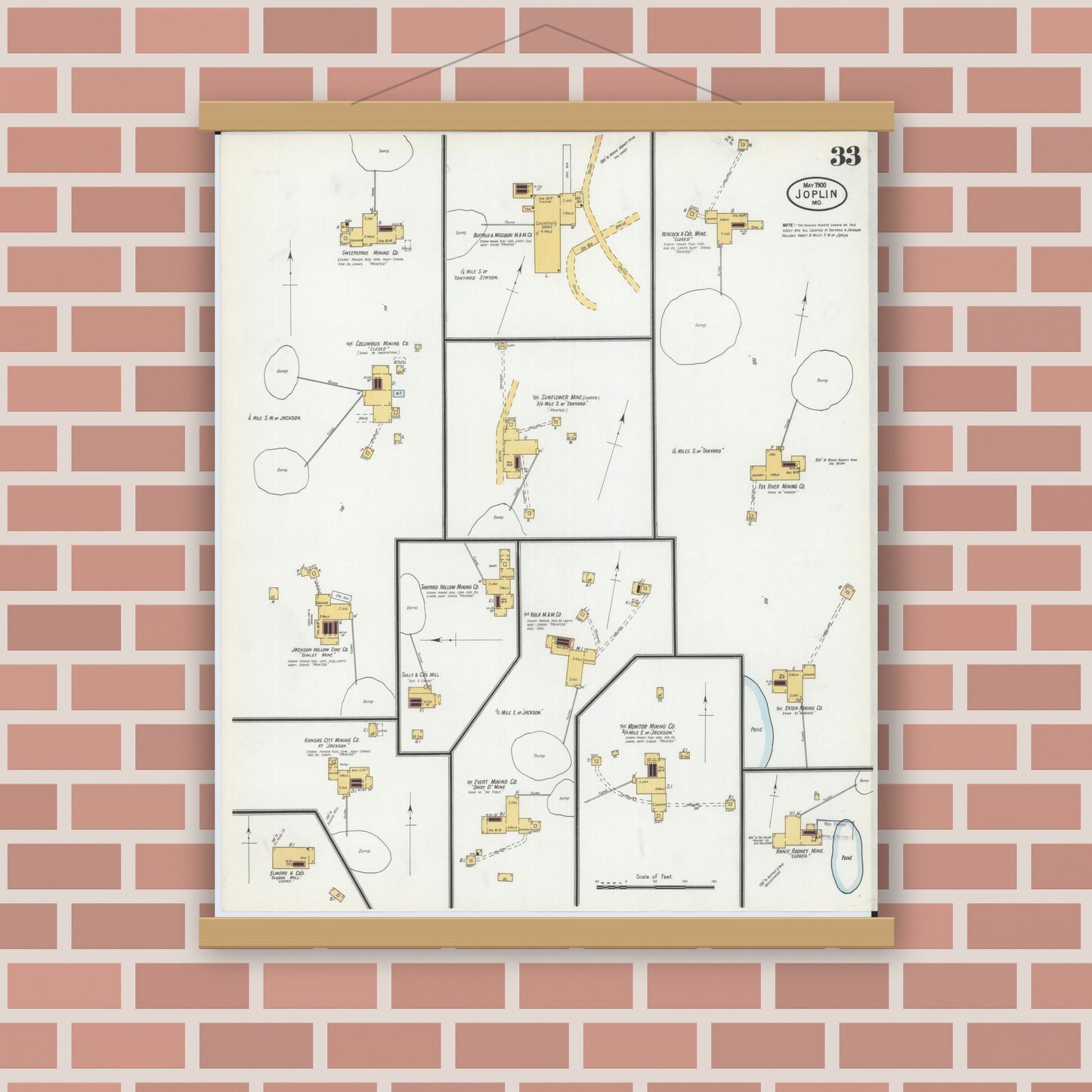 Old map wall art mockup — magnetic wood frame on brick wall — Sanborn Fire Insurance Map from Joplin, Jasper County, Missouri (1900), Sheet #0033