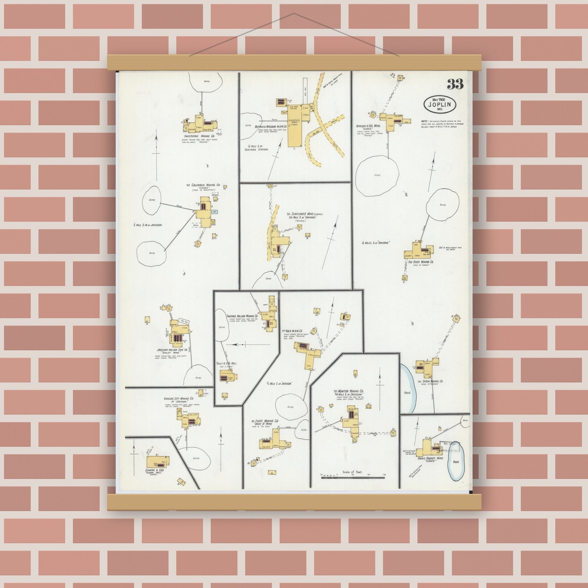 Old map wall art mockup — magnetic wood frame on brick wall — Sanborn Fire Insurance Map from Joplin, Jasper County, Missouri (1900), Sheet #0033