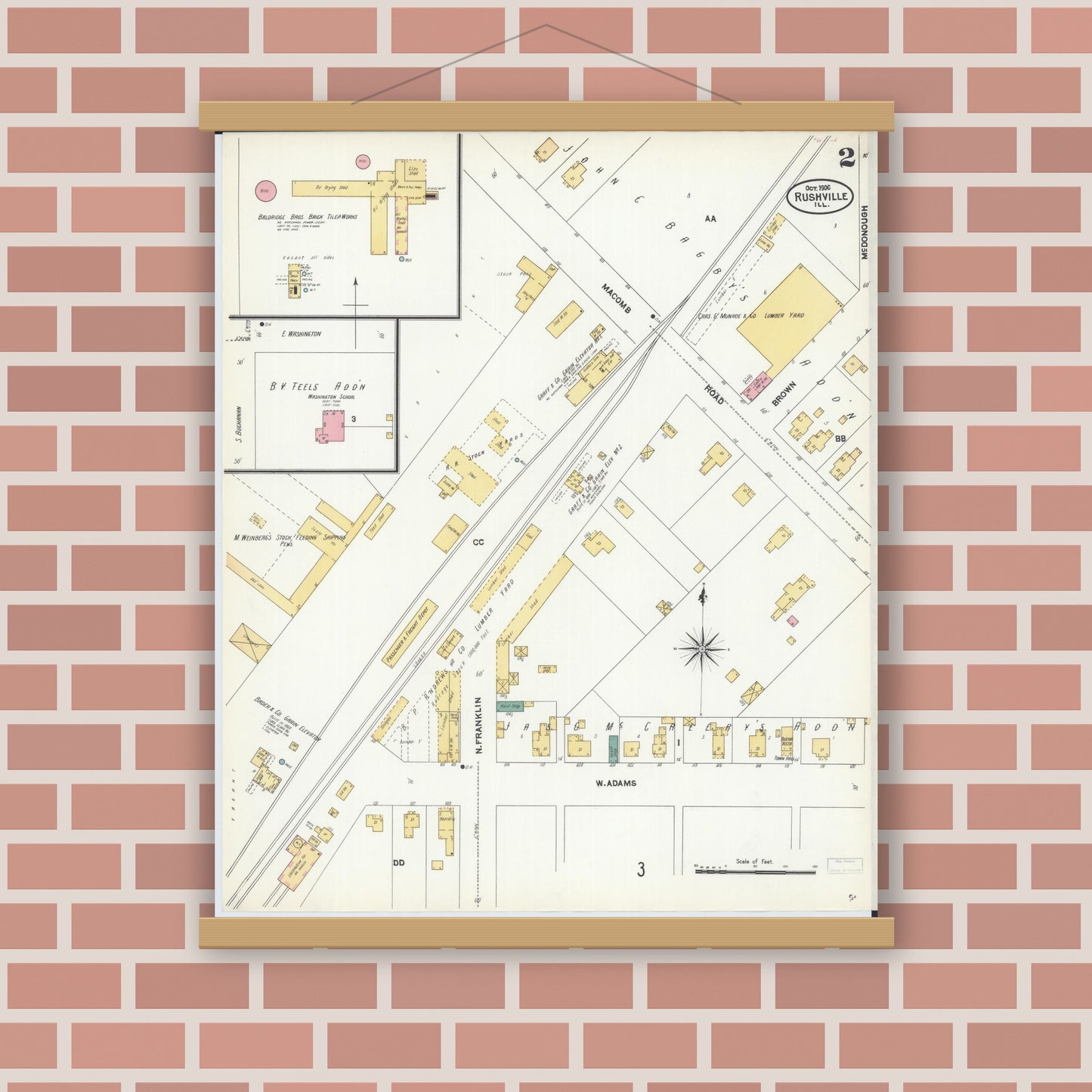 Old map wall art mockup — magnetic wood frame on brick wall — Sanborn Fire Insurance Map from Rushville, Schuyler County, Illinois (1906), Sheet #0002