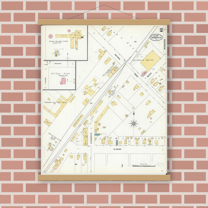 Old map wall art mockup — magnetic wood frame on brick wall — Sanborn Fire Insurance Map from Rushville, Schuyler County, Illinois (1906), Sheet #0002