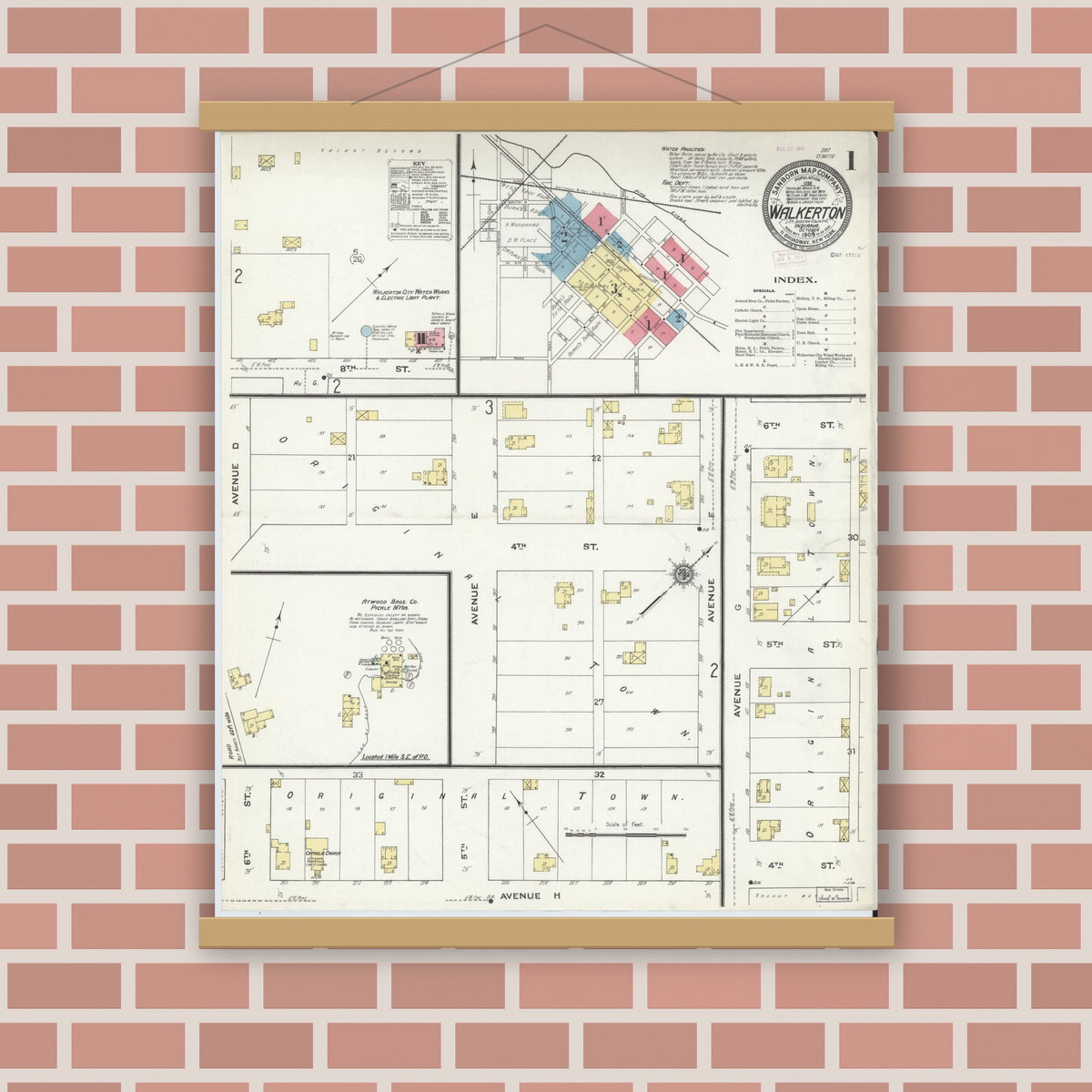 Old map wall art mockup — magnetic wood frame on brick wall — Sanborn Fire Insurance Map from Walkerton, Saint Joseph County, Indiana (1909) - Complete Map Set