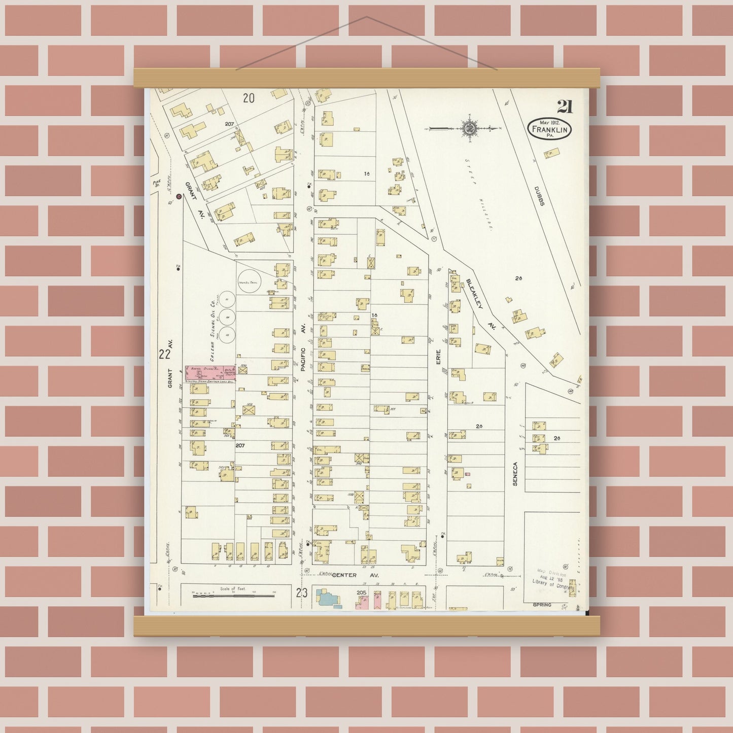Old map wall art mockup — magnetic wood frame on brick wall — Sanborn Fire Insurance Map from Franklin, Venango County, Pennsylvania (1912), Sheet #0021