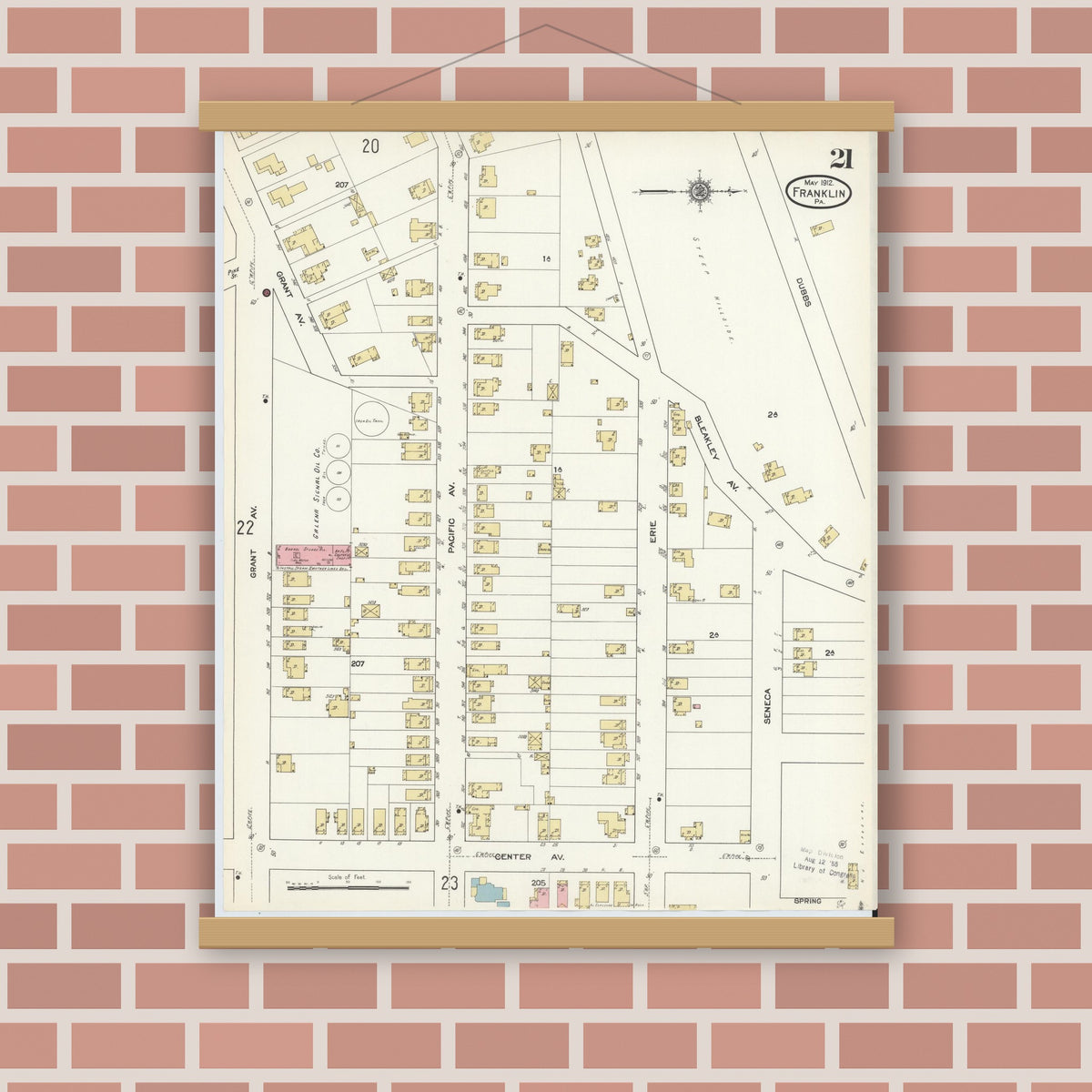 Old map wall art mockup — magnetic wood frame on brick wall — Sanborn Fire Insurance Map from Franklin, Venango County, Pennsylvania (1912), Sheet #0021