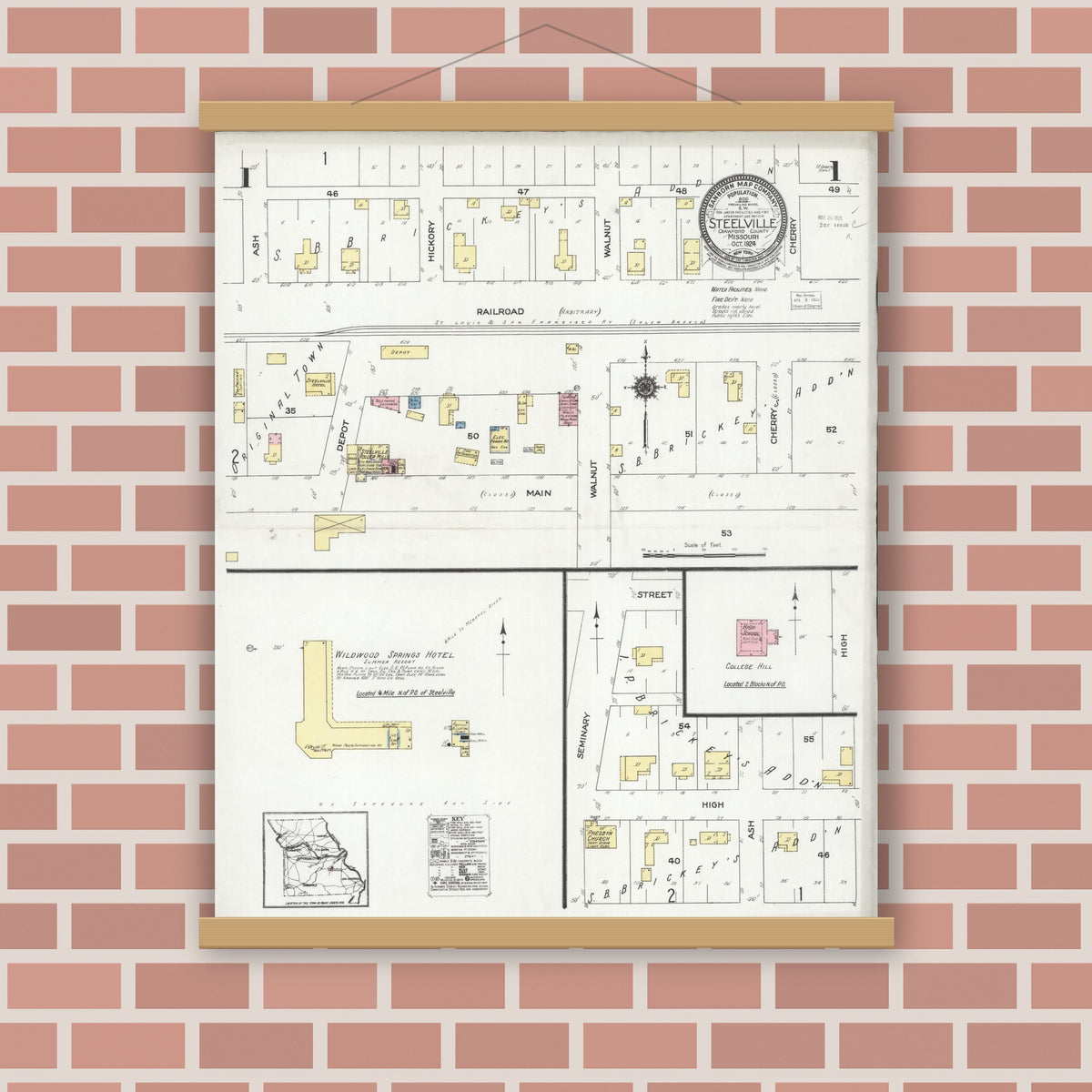 Old map wall art mockup — magnetic wood frame on brick wall — Sanborn Fire Insurance Map from Steelville, Crawford County, Missouri (1924), Sheet #0001
