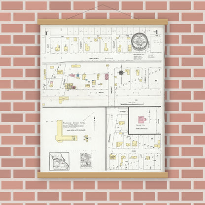 Old map wall art mockup — magnetic wood frame on brick wall — Sanborn Fire Insurance Map from Steelville, Crawford County, Missouri (1924), Sheet #0001