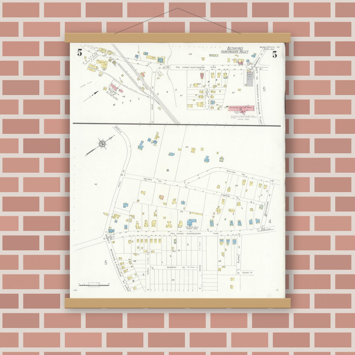 Old map wall art mockup — magnetic wood frame on brick wall — Sanborn Fire Insurance Map from Bryn Athyn, Montgomery County, Pennsylvania (1933), Sheet #0005